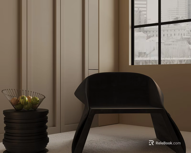 Black Modern Accent Chair In Minimalist Interior With Stacked Side Table And Fruit Basket 3d model 