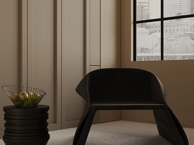 Black Modern Accent Chair In Minimalist Interior With Stacked Side Table And Fruit Basket 3d model