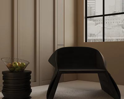 Black Modern Accent Chair In Minimalist Interior With Stacked Side Table And Fruit Basket 3d model