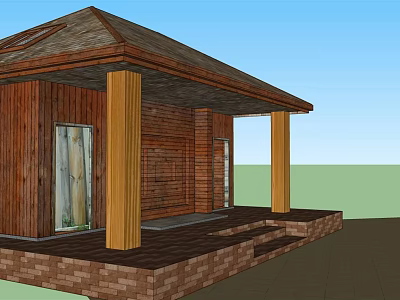 Wooden Cabin Exterior Design With Brown Roof Wooden Columns And Brick Steps 3d model