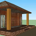 Wooden Cabin Exterior Design With Brown Roof Wooden Columns And Brick Steps