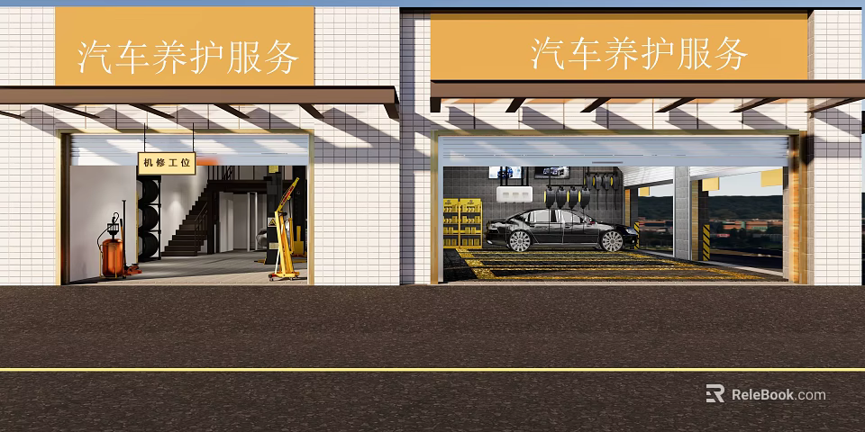 Professional Car Maintenance Service Garage With Vehicle In Service Bay And Building Exterior 3d model 