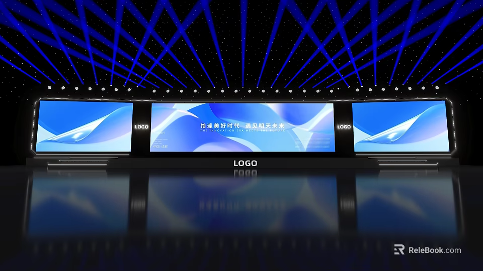 High End Stage Setup With Blue Background Three Large Screens And Logo 3d model