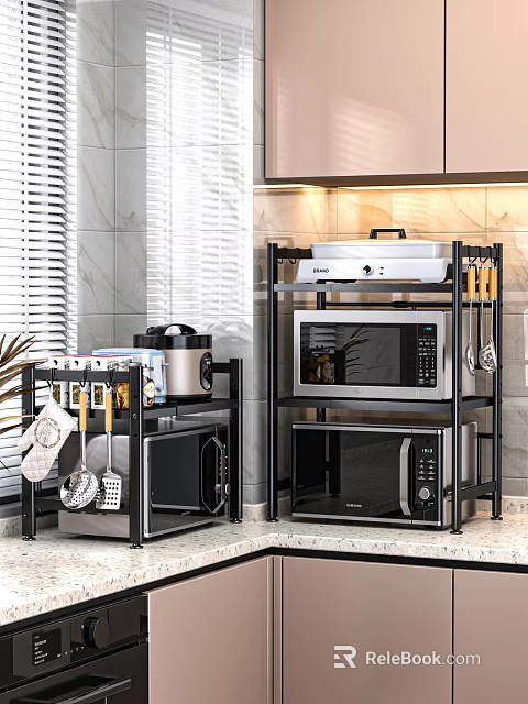 Kitchen Metal Storage Racks With Multiple Shelves For Microwave Rice Cooker And Hanging Utensils 3d model 