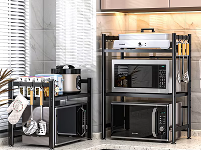Kitchen Metal Storage Racks With Multiple Shelves For Microwave Rice Cooker And Hanging Utensils 3d model