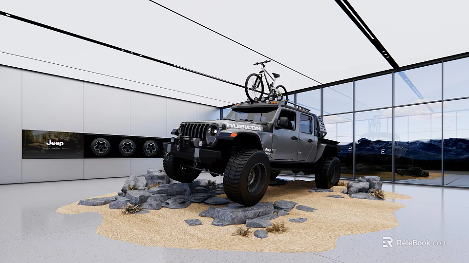 Car Showroom Showcasing Jeep Rubicon With Bicycle On Roof Rocks And Sand In Glass Walls 3d model 