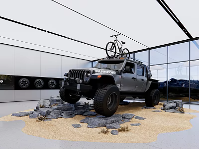 Car Showroom Showcasing Jeep Rubicon With Bicycle On Roof Rocks And Sand In Glass Walls 3d model