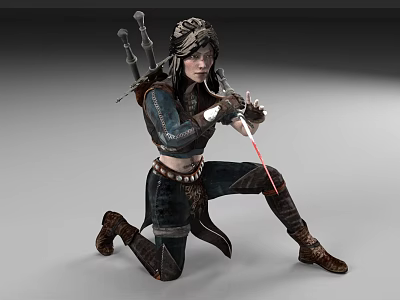 Game Movie Female Warrior Character in Kneeling Combat Pose with Leather Armor and Glowing Weapon 3d model