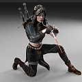 Game Movie Female Warrior Character in Kneeling Combat Pose with Leather Armor and Glowing Weapon