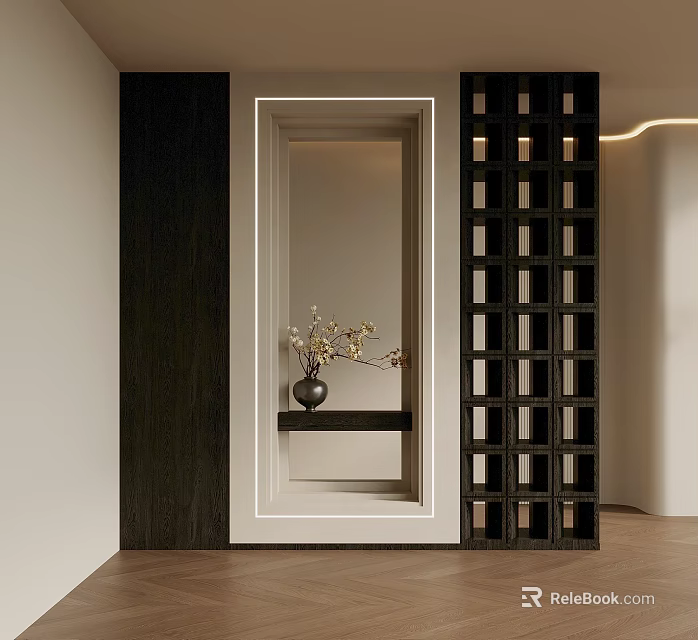 Modern Wooden Lattice Partition In Interior With White Frame And Vase Decoration 3d model 