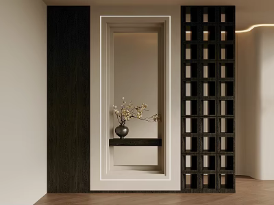 Modern Wooden Lattice Partition In Interior With White Frame And Vase Decoration 3d model