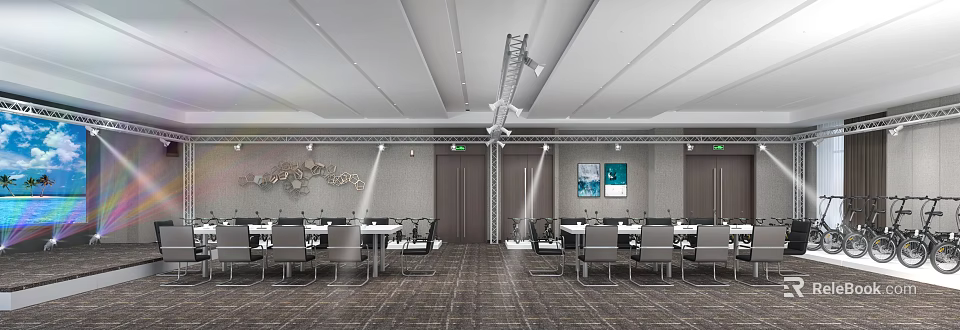 Modern Conference Room with Pendant Lights Tables Chairs Decorative Paintings and Carpet 3d model 