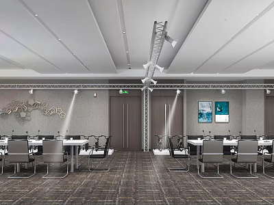 Modern Conference Room with Pendant Lights Tables Chairs Decorative Paintings and Carpet 3d model