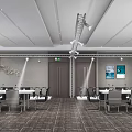 Modern Conference Room with Pendant Lights Tables Chairs Decorative Paintings and Carpet