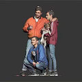 Group of Three Men With Dog Posing In Orange Red Blue Jackets On Grey Background