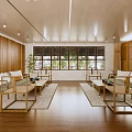 Modern Lobby Interior With Wooden Ceiling Beams Stone Counter Wooden Flooring And Chandelier
