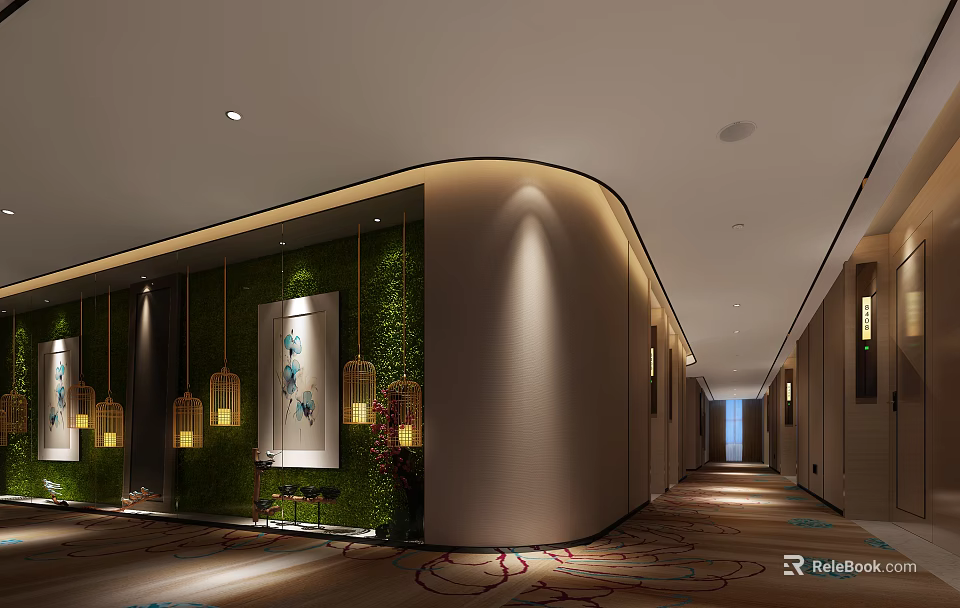 Hotel Corridor Interior With Curved Green Plant Wall Lantern Decorations Soft Lighting And Patterned Carpet 3d model 