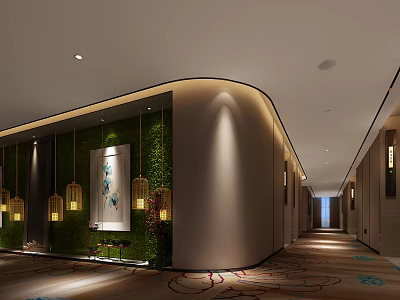 Hotel Corridor Interior With Curved Green Plant Wall Lantern Decorations Soft Lighting And Patterned Carpet 3d model