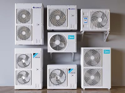 Multiple White Air Conditioner Fans Including Wall Mounted And Standing Types 3d model