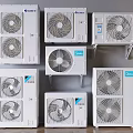 Multiple White Air Conditioner Fans Including Wall Mounted And Standing Types 3d model