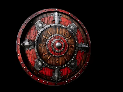 Viking Style Decorative Ornament Set With Wooden Shield Red Finish Metal Rivets And Radiant Center 3d model