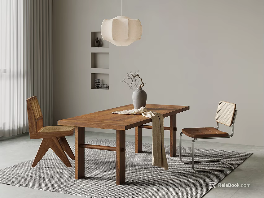 Modern Minimalist Dining Area With Wooden Table Two Chairs Vase Pendant Lamp Shelf And Curtains 3d model 