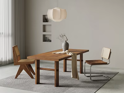 Modern Minimalist Dining Area With Wooden Table Two Chairs Vase Pendant Lamp Shelf And Curtains 3d model