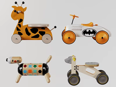 Colorful Wooden Electric Toys for Kids with Giraffe Batman Car and Dog Designs 3d model