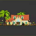 Cartoon Scene With Yellow House Red Roof Palm Trees Green Lawn And Stone Pathway
