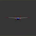 Red Wing Blue And White Fuselage Airplane With Twin Propellers And Tail Fins