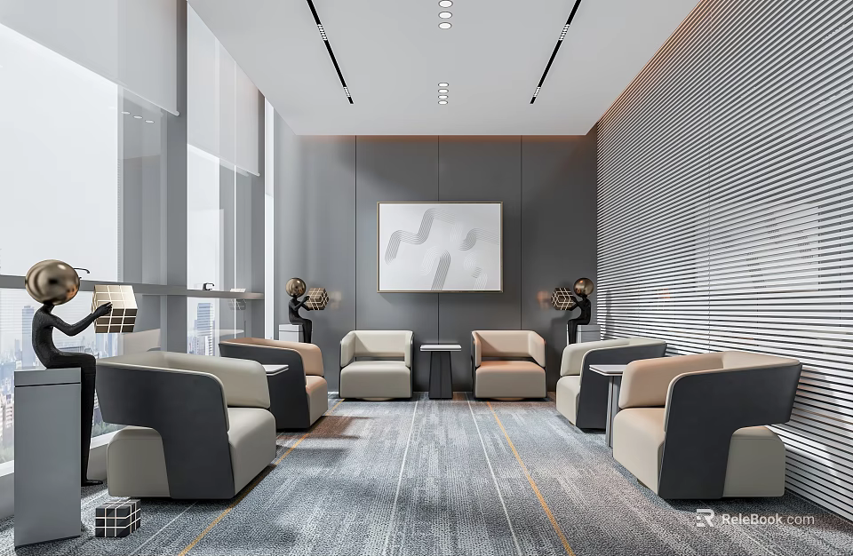 Spacious Modern Hotel Public Lounge With Comfortable Sofas Gray Carpet And Bright Lighting 3d model 