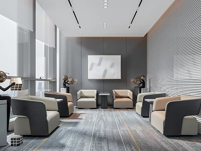Spacious Modern Hotel Public Lounge With Comfortable Sofas Gray Carpet And Bright Lighting 3d model