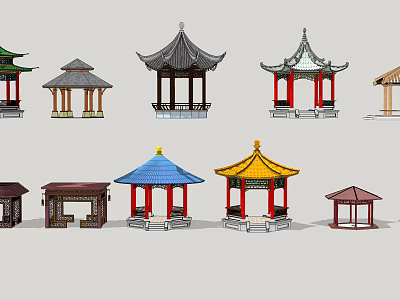 Traditional Pavilions With Diverse Roof Styles Colorful Designs And Architectural Details 3d model