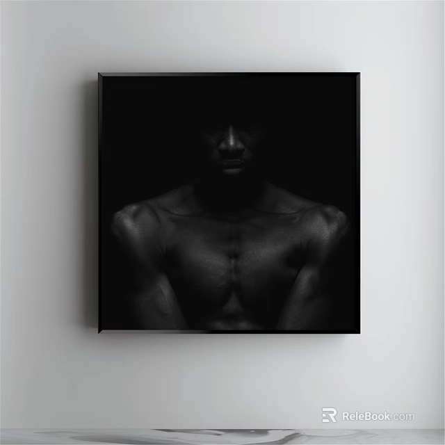 Male Figure Painting With Muscular Torso Black Background Black Frame On White Wall 3d model 