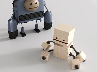 Two Toy Robots Blue With Black Legs And Wooden Square Body Design Features 3d model