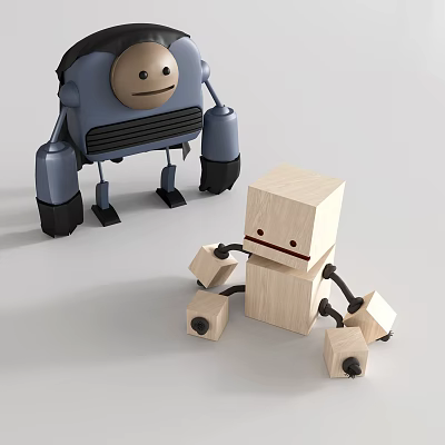 Two Toy Robots Blue With Black Legs And Wooden Square Body Design Features 3d model