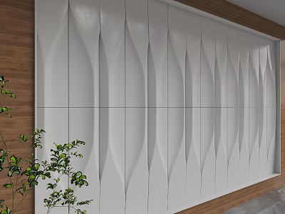 Modern Background Wall Design With Wavy White Panels Wooden Trim And Green Plants 3d model