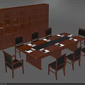 Wooden Conference Table with Black Leather Chairs and Glass Door Wooden Cabinet in Office Setting