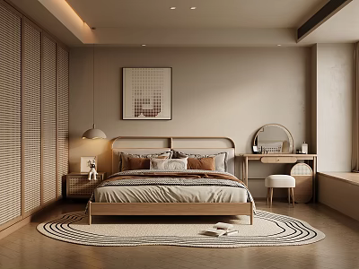 Modern Bedroom Interior With Wooden Bed Decorative Painting Nightstand Table Lamp And Area Rug 3d model