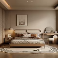 Modern Bedroom Interior With Wooden Bed Decorative Painting Nightstand Table Lamp And Area Rug