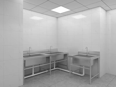 Clean Room Interior With White Tiled Walls And Stainless Steel Sinks 3d model