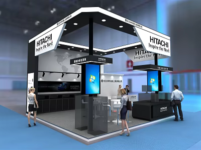 Hitachi Exhibition Booth With Modern Design Digital Screens Lighting And Visitors 3d model