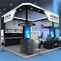 Hitachi Exhibition Booth With Modern Design Digital Screens Lighting And Visitors