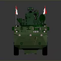 Green Military Wheeled Tank With Flags On Sides And Top Antenna Weapon System