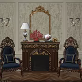 Ornate Gold Carved Fireplace With Blue Armchairs And Decorative Mirror On White Wallpaper