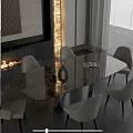Elegant Modern Dining Table Set With Marble Top Beige Upholstered Chairs Fireplace And Water View