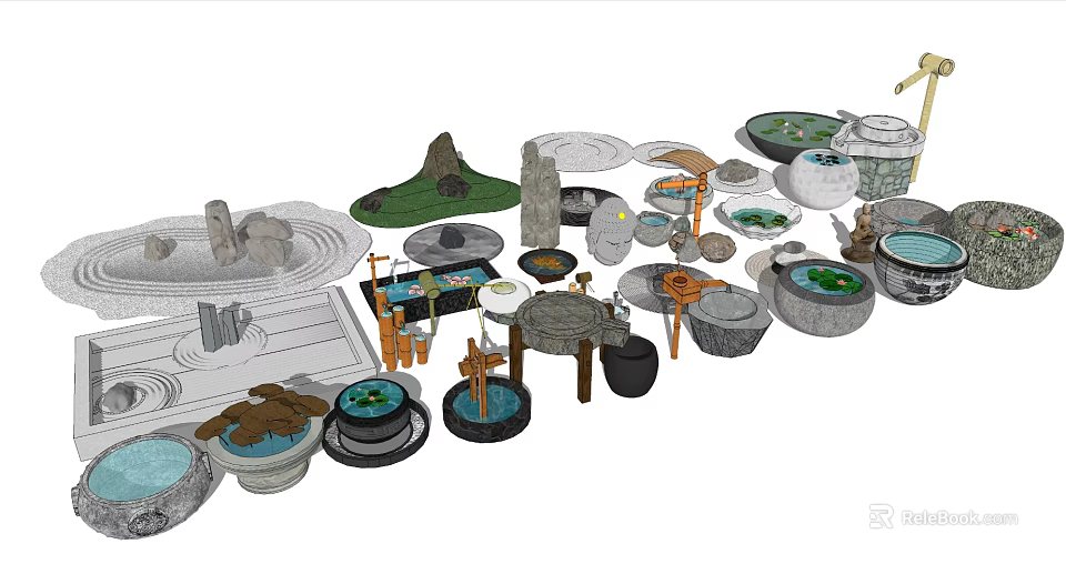 Courtyard Garden Decor With Stone Water Basins Rock Formations And Wooden Lanterns 3d model 