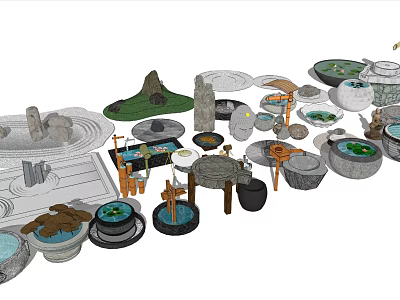 Courtyard Garden Decor With Stone Water Basins Rock Formations And Wooden Lanterns 3d model