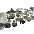 Courtyard Garden Decor With Stone Water Basins Rock Formations And Wooden Lanterns