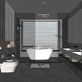 Modern Bathroom With Glass Partition Bathtub Marble Countertop Double Sinks Mirror Walls And Window Blinds